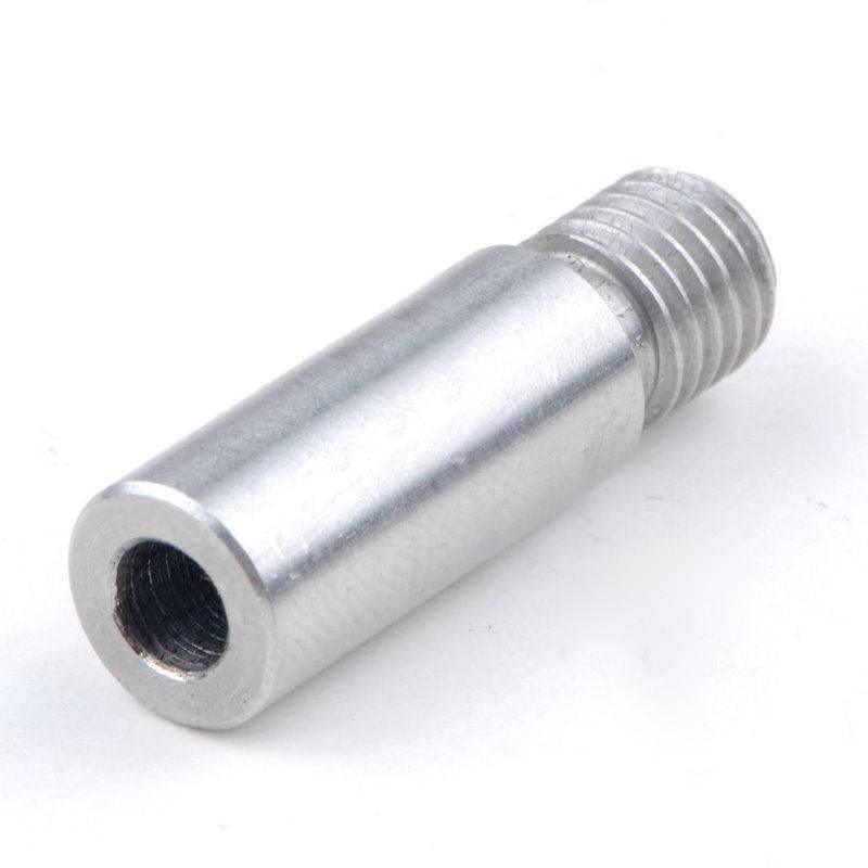 Thermal Barrier Throat 3d Printer - shown as a close-up of a silver-coloured cylindrical metal part with external threading on one end and internal threading.