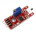 Thermistor Module Ky-028 KY028 Temperature Sensor Module - a red circuit board featuring a blue potentiometer, a black thermistor sensor, and four gold-coloured connector pins.