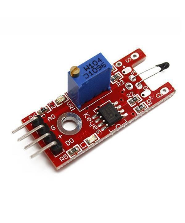 Thermistor Module Ky-028 KY028 Temperature Sensor Module - a red circuit board featuring a blue potentiometer, a black thermistor sensor, and four gold-coloured connector pins.