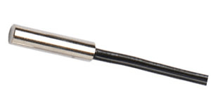 Thermistor NTC 10k Accuracy 1% Waterproof Probe - shown as a silver cylindrical metal sensor head attached to a black insulated wire.