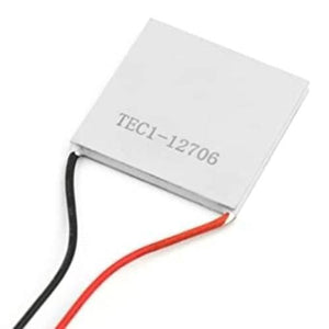 Thermoelectric Cooler Peltier Module TEC1-12706 12VDC 6A Cooling Refrigeration Plate - a white square cooling plate with red and black power wires attached to one side.