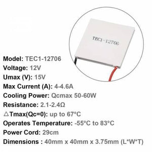 Thermoelectric Cooler Peltier Module TEC1-12706 12VDC 6A Cooling Refrigeration Plate - shown as a white square plate with red and black wires, accompanied by a list of technical specifications.