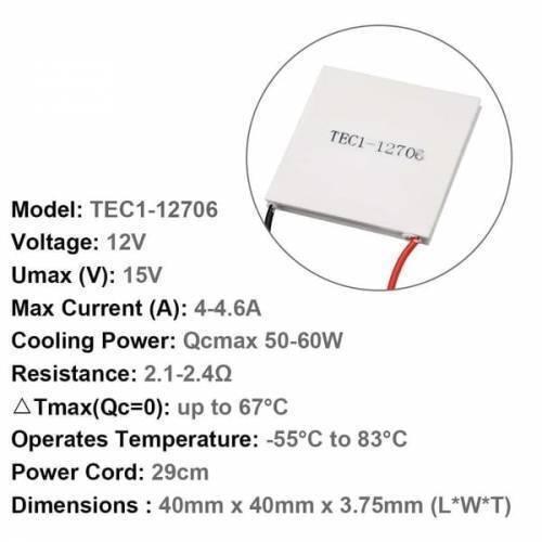 Thermoelectric Cooler Peltier Module TEC1-12706 12VDC 6A Cooling Refrigeration Plate - shown as a white square plate with red and black wires, accompanied by a list of technical specifications.