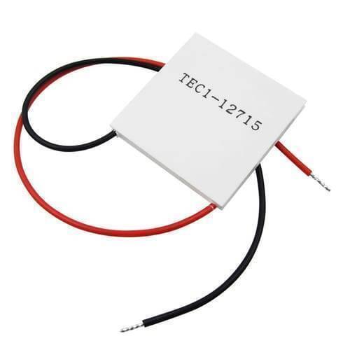 Thermoelectric Cooler Peltier Module TEC1-12715 12VDC 15A Cooling Refrigeration Plate - a square white ceramic plate with one red and one black wire extending from opposite sides.