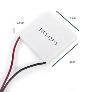 Thermoelectric Cooler Peltier Module TEC1-12715 12VDC 15A Cooling Refrigeration Plate - a white square plate with red and black wires, featuring dimension labels of 4 cm by 4 cm by 0.4 cm.