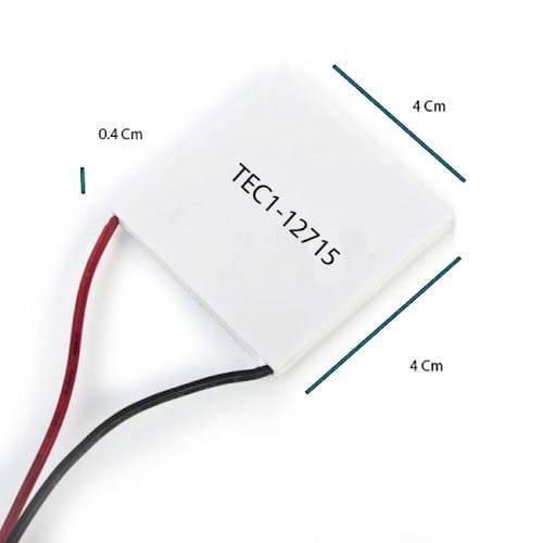 Thermoelectric Cooler Peltier Module TEC1-12715 12VDC 15A Cooling Refrigeration Plate - a white square plate with red and black wires, featuring dimension labels of 4 cm by 4 cm by 0.4 cm.