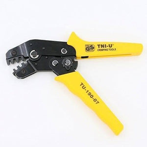 Thimble Crimper Crimping Tool Tni u Tu 190 07 - a yellow and black metal hand tool with a ratcheting crimping head on a plain white background.