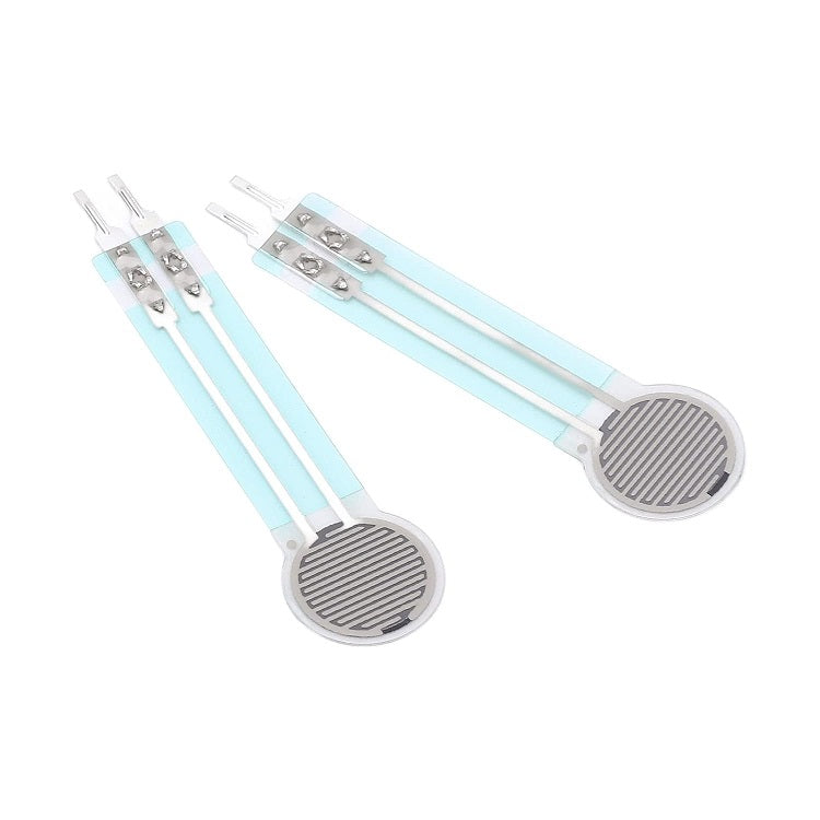 Thin Film Pressure Force Sensor FSR Flexible Bend Sensitive Resistor 20G to 3kg RP-C10-LT - light blue, circular-tipped sensors with silver conductive traces and two-pin connectors.