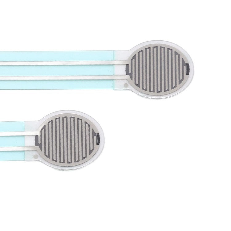 Thin Film Pressure Force Sensor FSR Flexible Bend Sensitive Resistor 20G to 3kg RP-C10-LT - two flat, circular, white and grey flexible sensors with ribbon cables attached.