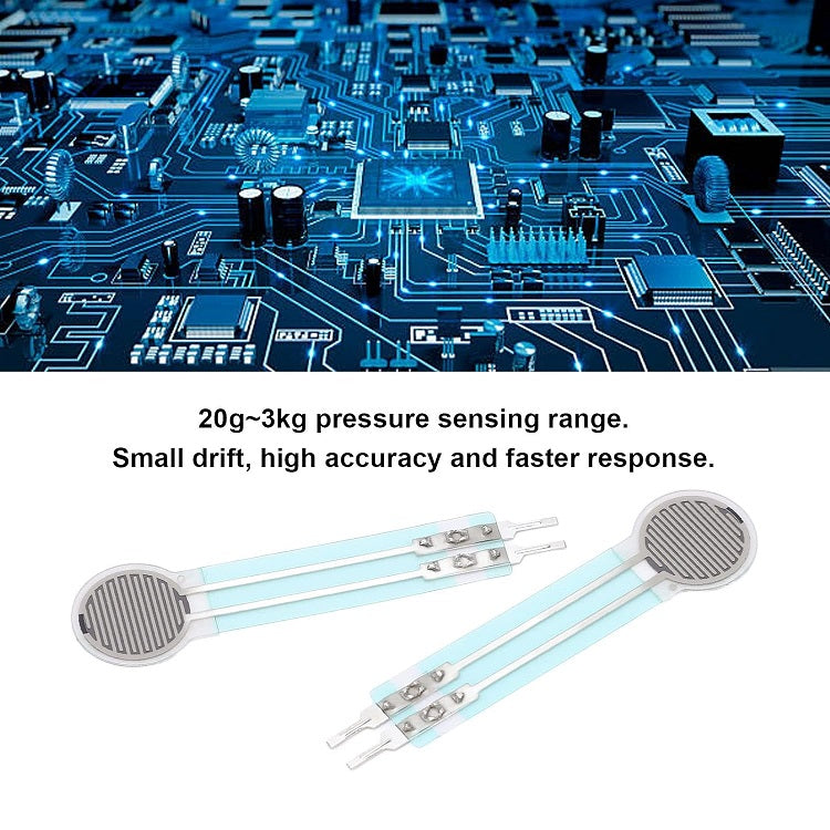 Thin Film Pressure Force Sensor FSR Flexible Bend Sensitive Resistor 20G to 3kg RP-C10-LT - two thin, circular, flexible white sensors with blue tails and metal connector pins on a circuit background.