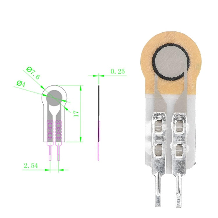 Thin Film Pressure Sensor Force Sensitive Sensing Resistor FSR High Precise 10G to 5Kg RP-C7.6-ST-GCS - shown as a technical dimension diagram next to a close-up of the beige and white flat sensor with two metal pins.