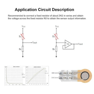 Thin Film Pressure Sensor Force Sensitive Sensing Resistor FSR High Precise 10G to 5Kg RP-C7.6-ST-GCS - application circuit diagrams, two graphs of resistance versus force, and the sensor with metal pins.