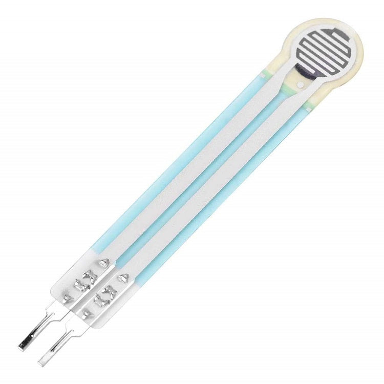 Thin Film Pressure Sensor FSR High Accuracy Flexible Analog Resistor RP-C7.6-LT - white and blue rectangular sensor with a circular sensing head and two metal connector pins.