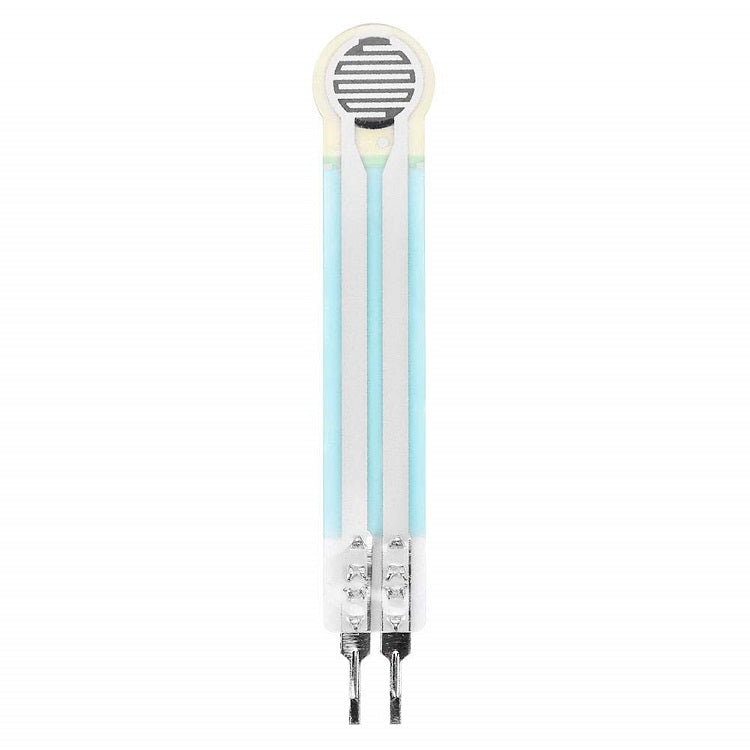 Thin Film Pressure Sensor FSR High Accuracy Flexible Analog Resistor RP-C7.6-LT - light blue rectangular sensor with a circular top containing a dark grey patterned resistive element.