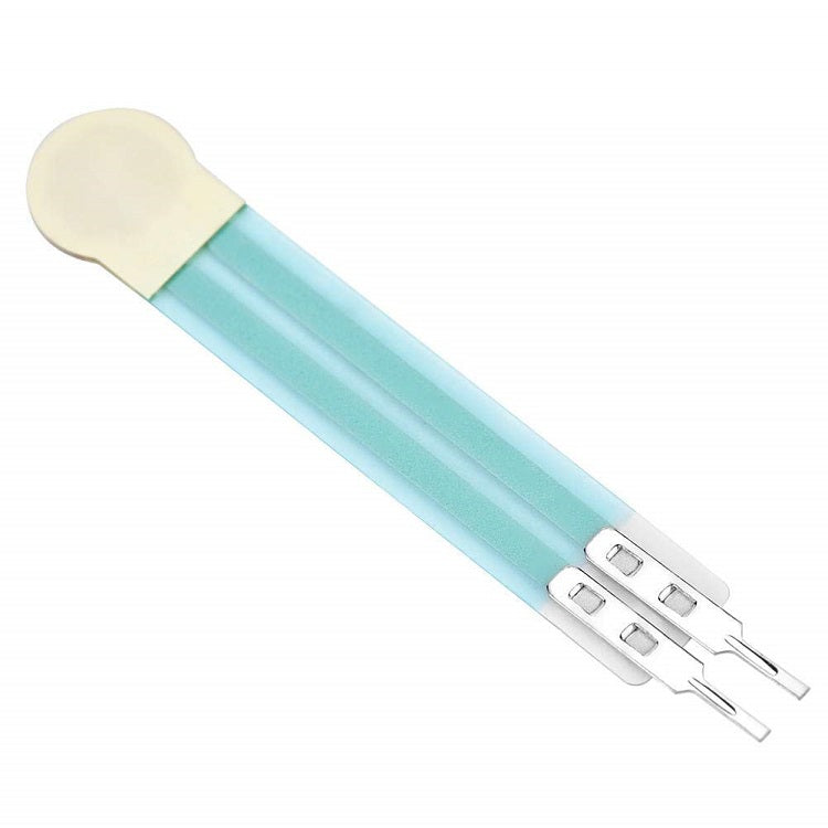 Thin Film Pressure Sensor FSR High Accuracy Flexible Analog Resistor RP-C7.6-LT - light blue rectangular sensor with a round white tip and two metallic pin connectors at the end.