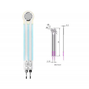 Thin Film Pressure Sensor FSR High Accuracy Flexible Analog Resistor RP-C7.6-LT - the white and blue flexible sensor strip alongside a technical dimension diagram with measurements.
