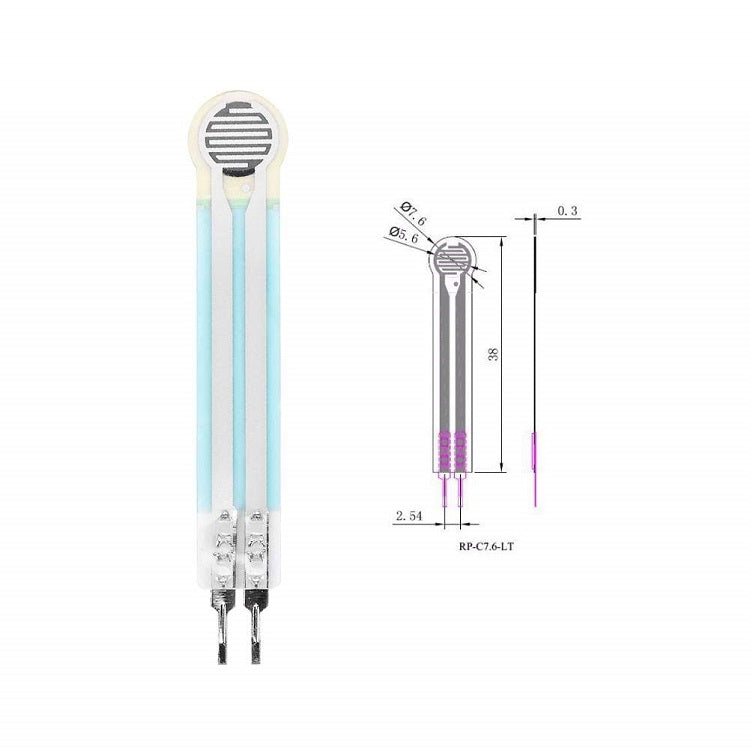 Thin Film Pressure Sensor FSR High Accuracy Flexible Analog Resistor RP-C7.6-LT - the white and blue flexible sensor strip alongside a technical dimension diagram with measurements.