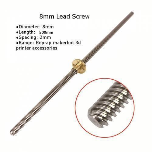 Threaded Rod Lead Screw 8mm 500mm - a silver metal rod with a brass nut and a circular inset close-up of the screw threads and text specifications.