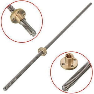 Threaded Rod Lead Screw 8mm 500mm - a long metal threaded rod with a brass nut, including two circular insets showing close-ups of the nut and screw.