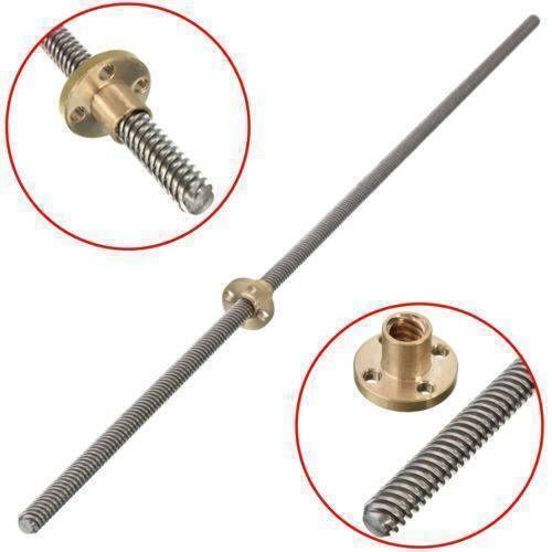 Threaded Rod Lead Screw 8mm 500mm - a long metal threaded rod with a brass nut, including two circular insets showing close-ups of the nut and screw.