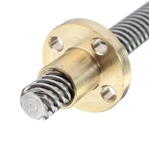Threaded Rod Lead Screw 8mm 500mm - a close-up showing a silver metal threaded rod inserted into a gold-colored cylindrical brass nut with a mounting flange.
