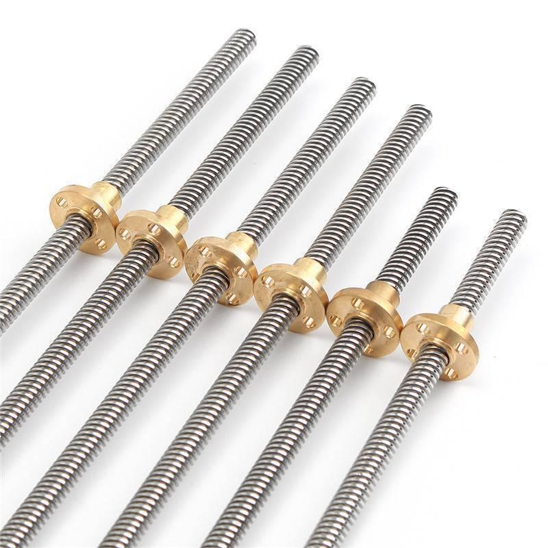 Threaded Rod Lead Screw 8mm 500mm - six silver metal threaded rods, each fitted with a circular brass nut, arranged diagonally on a white background.