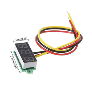 Three Wire 0.28 Inch LED Mini DC Voltmeter - shown with a digital display, green circuit board, and three attached red, black, and yellow wires.
