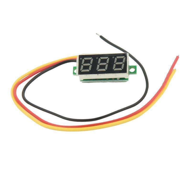 Three Wire 0.28 Inch LED Mini DC Voltmeter - a small rectangular digital display with three wires in red, yellow, and black attached to the side.