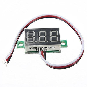 Three Wire 0.28 Inch LED Mini DC Voltmeter - a rectangular black display with three digit segments and a three-wire cable with exposed tips.