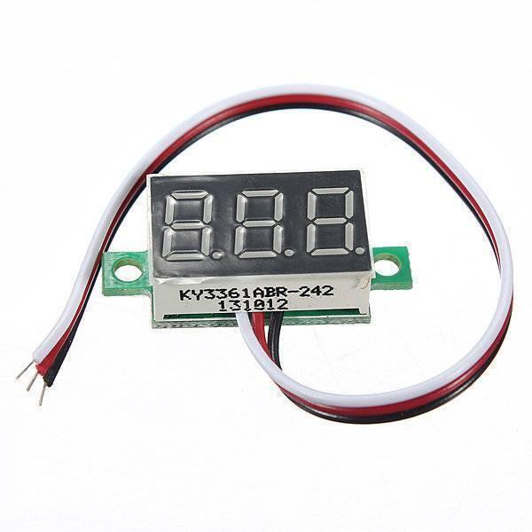 Three Wire 0.28 Inch LED Mini DC Voltmeter - a rectangular black display with three digit segments and a three-wire cable with exposed tips.