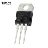 TIP102 NPN Transistor - in a black TO-220 package with three metal pins and a mounting hole at the top, shown against a white background.