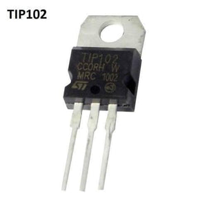 TIP102 NPN Transistor - in a black TO-220 package with three metal pins and a mounting hole at the top, shown against a white background.