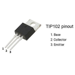 TIP102 NPN Transistor - shown as a black electronic component with three metal pins, accompanied by text labeling the pinout as Base, Collector, and Emitter.