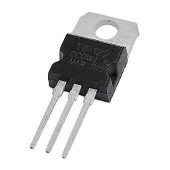 TIP122 NPN Darlington Transistor - a black three-pin electronic component with a metal heat sink tab, shown from a top-down angle.