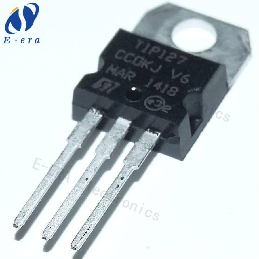 TIP127 PNP Medium-power Complementary Silicon Transistors - a black three-pin electronic component with a metal mounting tab, shown in a close-up against a white background.