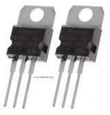 TIP142 NPN Darlington Transistor - shown as two identical black, three-pin electronic components with metal mounting tabs and printed text labels.