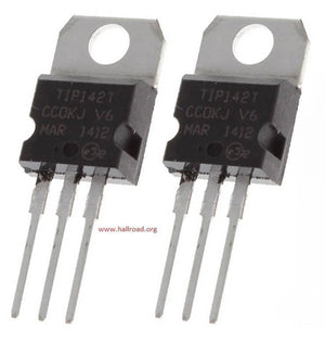 TIP142 NPN Darlington Transistor - shown as two identical black, three-pin electronic components with metal mounting tabs and printed text labels.