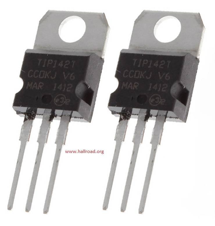 TIP142 NPN Darlington Transistor - shown as two identical black, three-pin electronic components with metal mounting tabs and printed text labels.