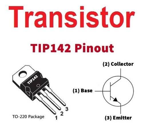 TIP142 NPN Darlington Transistor - shown as a black TO-220 package with three pins and a corresponding schematic diagram illustrating the pinout.