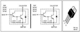 TIP147 PNP Darlington Transistor - shown in a technical diagram with internal circuit schematics for NPN and PNP types and a perspective view of the component.