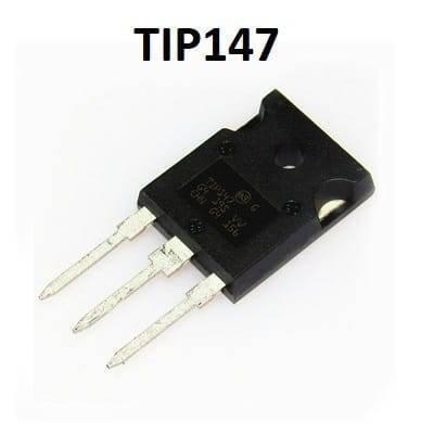 TIP147 PNP Power Transistor - shown as a black, rectangular electronic component with three metal pins extending from one side.