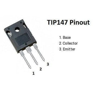 TIP147 PNP Power Transistor - shown in a diagram with a black three-pin component and text labeling the pins as Base, Collector, and Emitter.