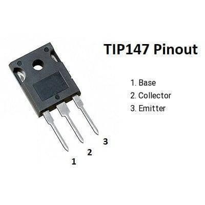 TIP147 PNP Power Transistor - shown in a diagram with a black three-pin component and text labeling the pins as Base, Collector, and Emitter.