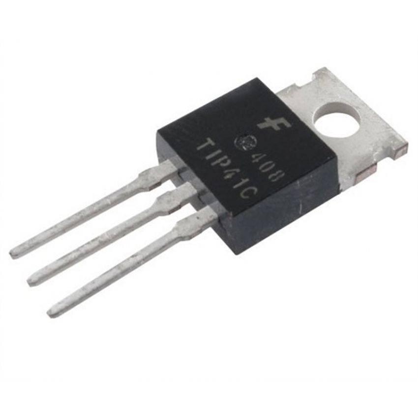 TIP41C TIP41 NPN Power Transistor - a black electronic component with three metal pins and a silver mounting tab, shown from an angled perspective.
