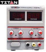 Titan DC Power Supply 3010D 30V 10A - two digital displays, four adjustment knobs, indicator lights, a power button, and three output terminals.