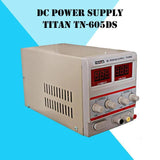 Titan Digital Display DC Power Supply TN605D 60V 5A Variable Power Supply Lab Power Supply - a beige benchtop unit with two digital displays, four control knobs, a power button, and three output terminals.