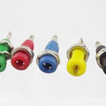 Tj-1-r 2mm Female Banana Connector - shown as a set of five individual panel-mount connectors in green, red, blue, yellow, and black.