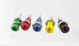 Tj-1-r 2mm Female Banana Connector - shown as a set of five individual panel-mount connectors in green, red, blue, yellow, and black.
