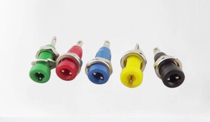 Tj-1-r 2mm Female Banana Connector - shown as a set of five individual panel-mount connectors in green, red, blue, yellow, and black.
