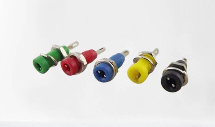 Tj-1-r 2mm Female Banana Connector - shown as a set of five individual connectors in green, red, blue, yellow, and black with metal mounting hardware.